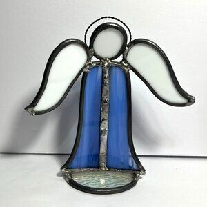 Stained Glass Angel Figurine In Blue & White With Metal Accents